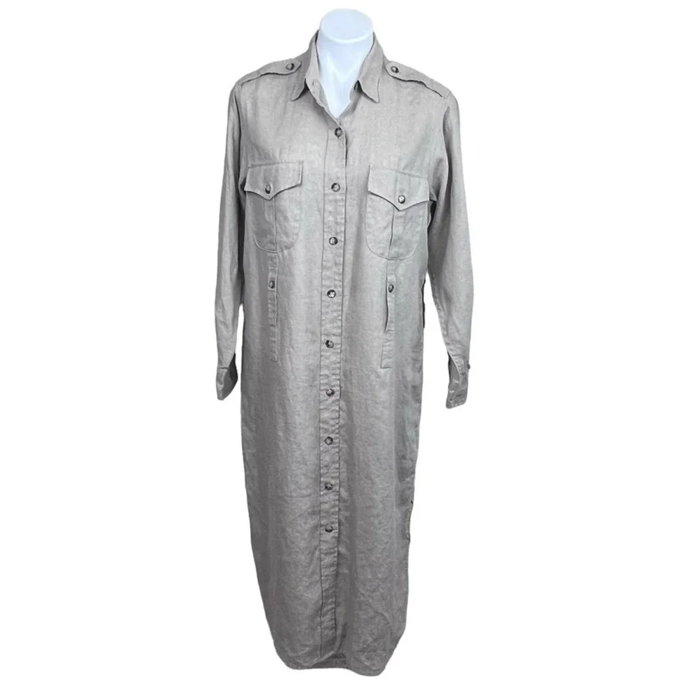 Willis & Geiger Outfitters Safari Shirt Dress Long Khaki Button Front Linen